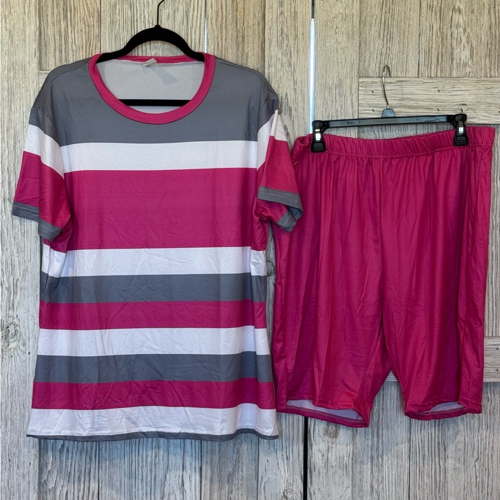 Unbranded Striped Pink and Gray Women’s 2pc Pajama set.